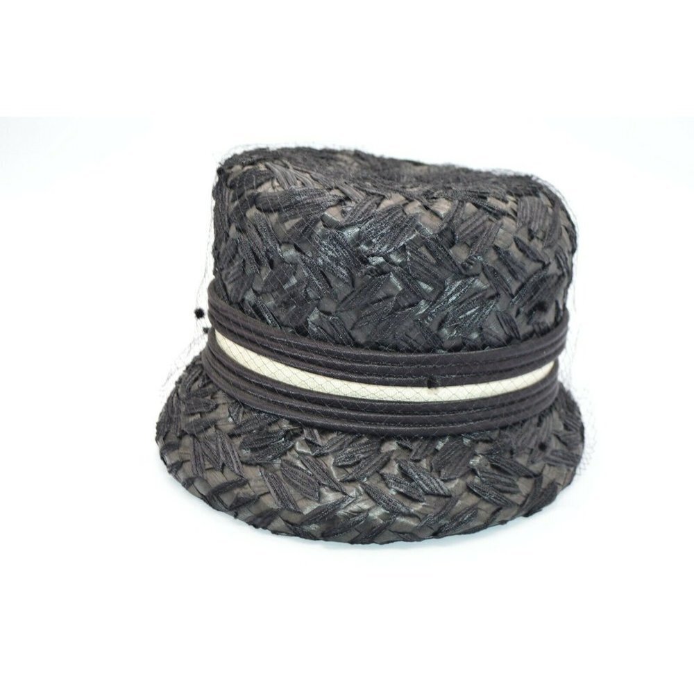 1950s Black Straw Netted White Satin Accented Union Made Cloche Hat